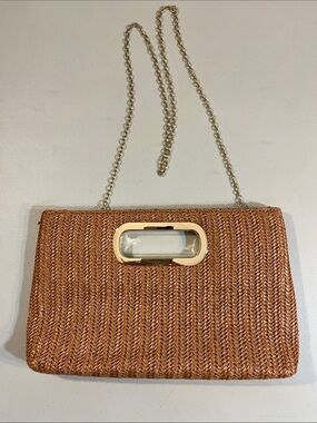 Woven Straw Clutch with Gold Chain - Brown